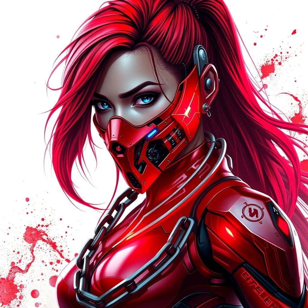 Cyberpunk Goddess with Fiery Red Hair and Neon Exosuit