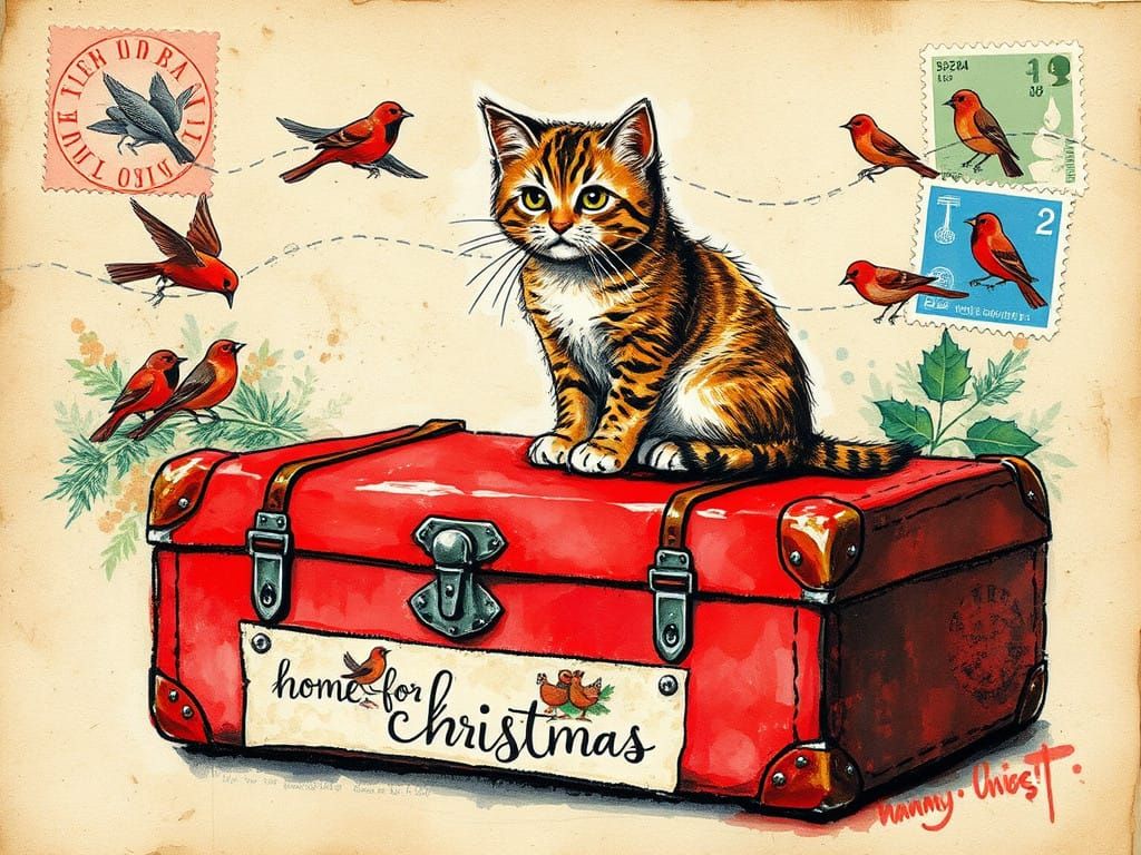 Antique Nostalgic Cat on Red Suitcase Christmas Postcard