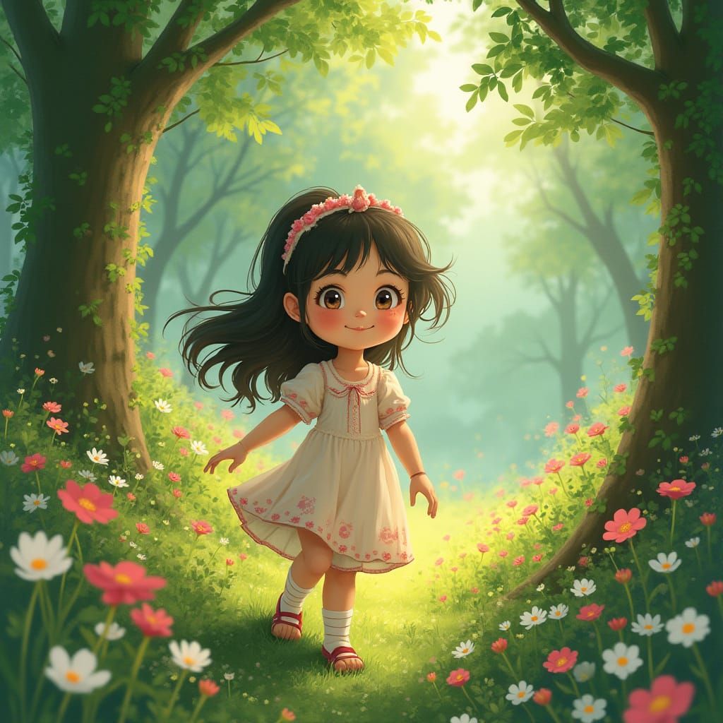 Whimsical Forest Maiden in Watercolor Style