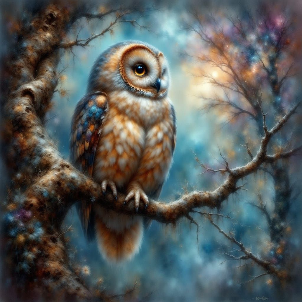 A wise old owl on an ancient tree 2