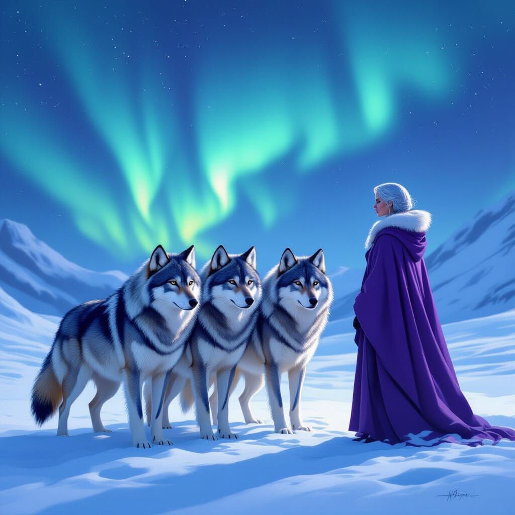 Wolves and Woman Under Aurora Borealis in Painterly Style