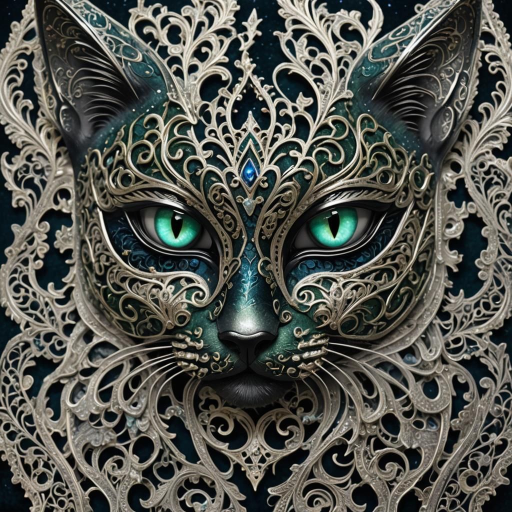 Detailed Cat Mask with Silver Filigree and Velvet