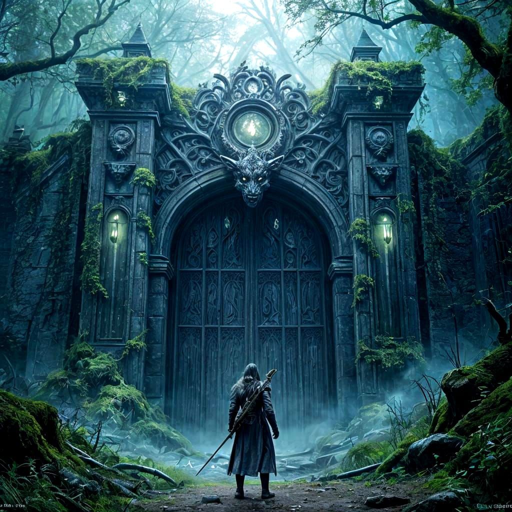 Explorer at Mossy Gate in Dark Fantasy Forest