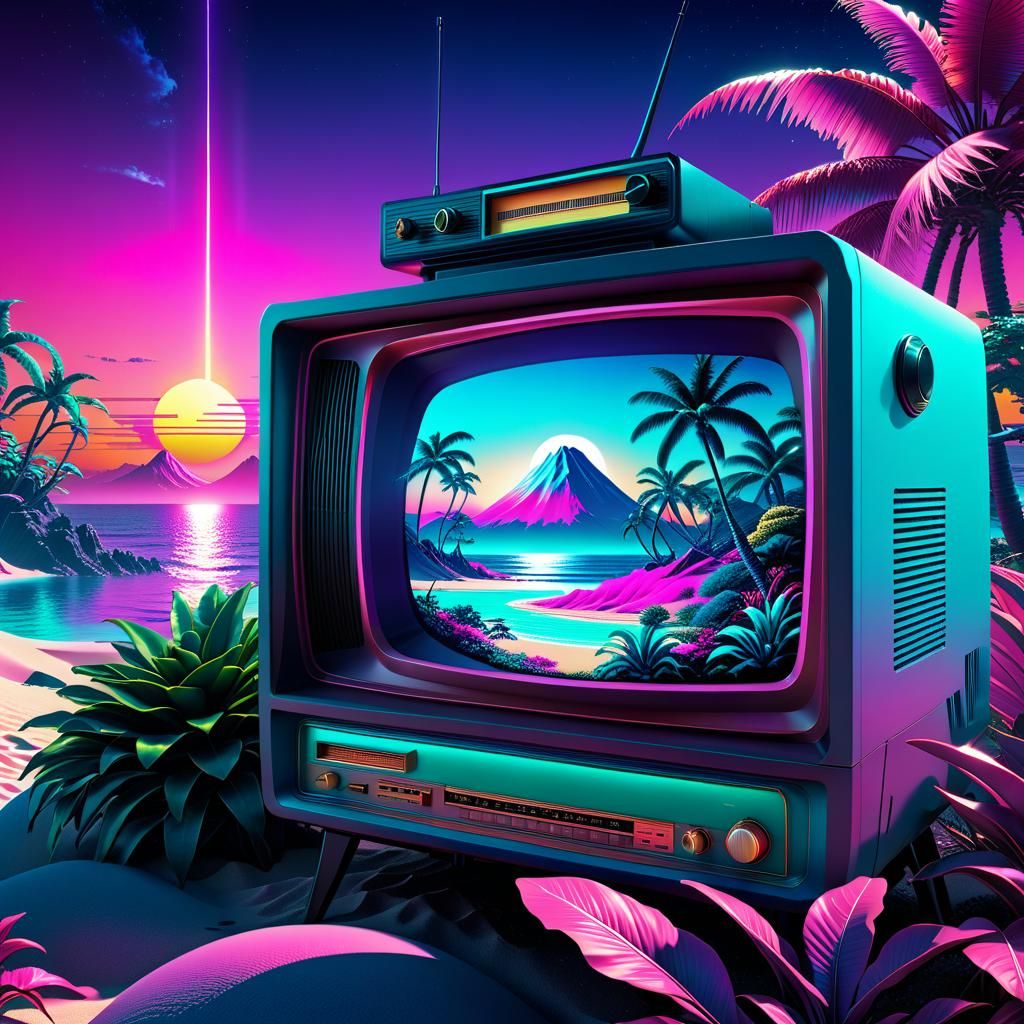Vaporwave TV in a Retro-Futuristic Landscape