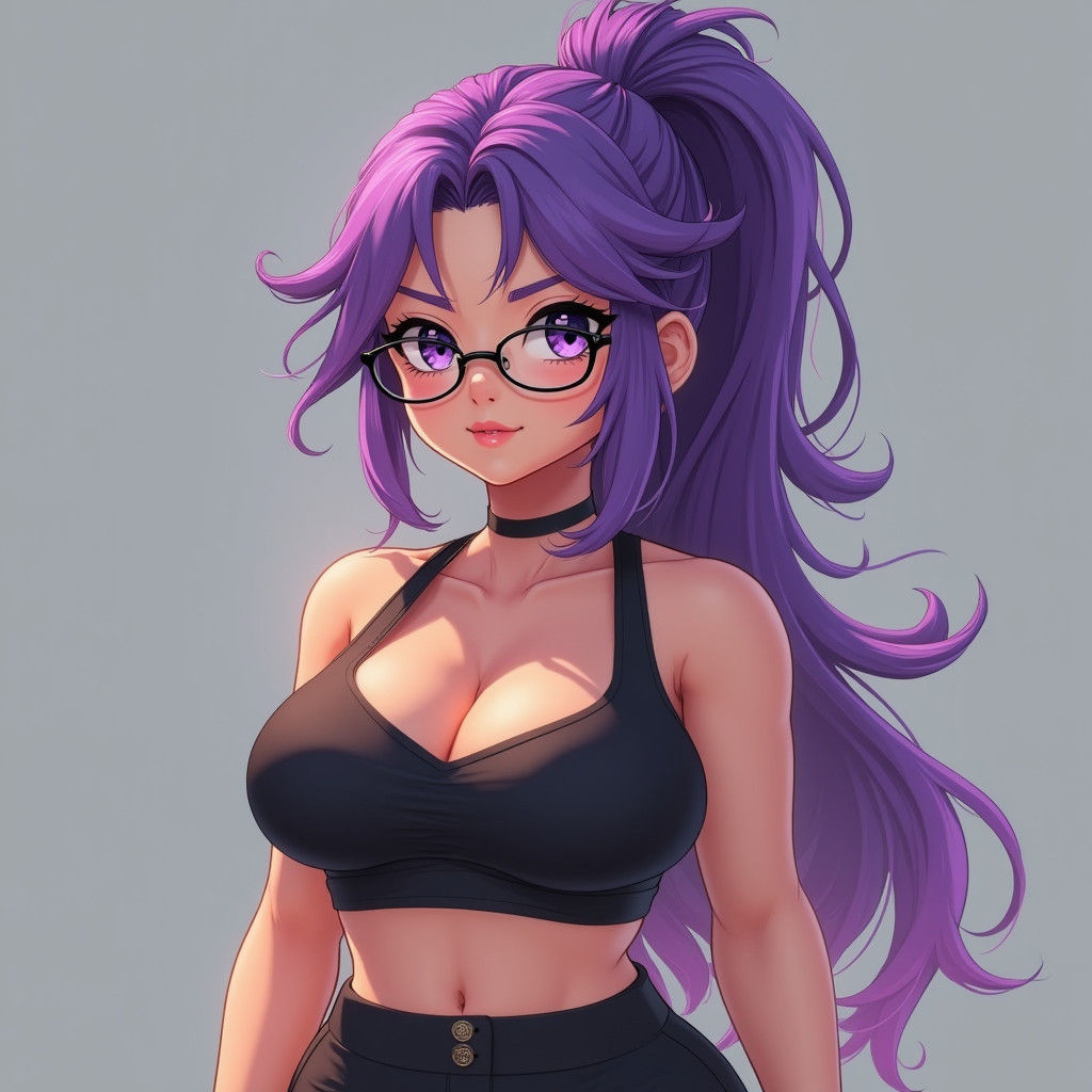 Confident Woman with Purple Hair, in Anime Style