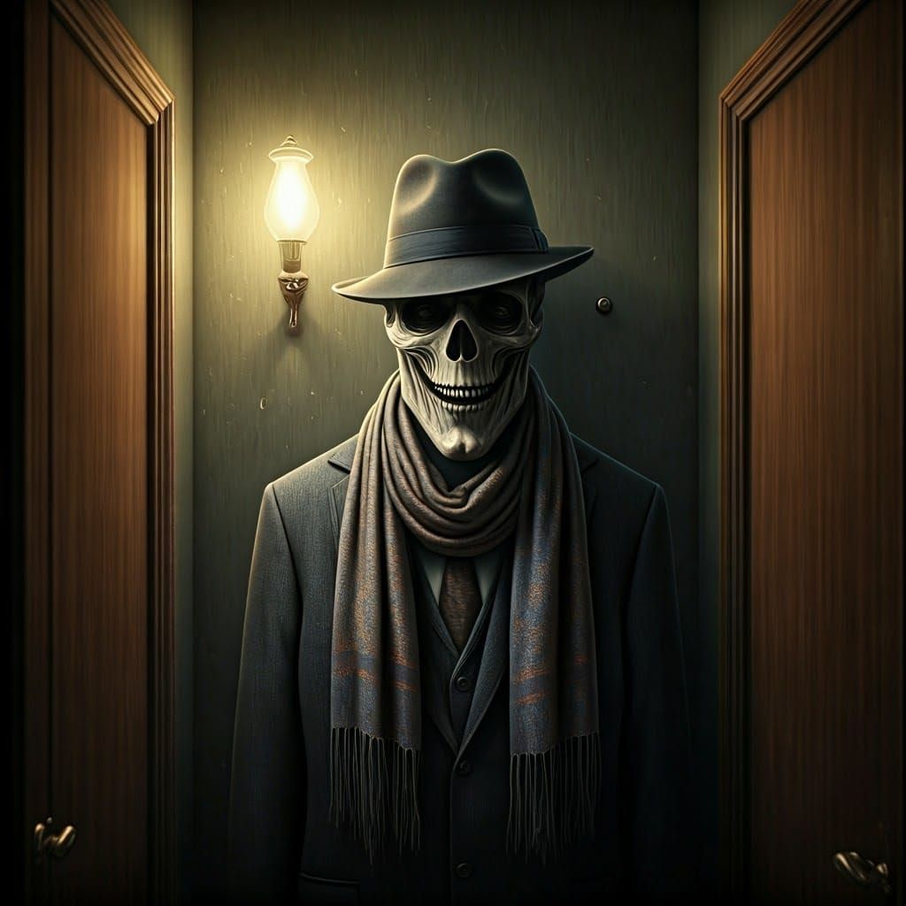 Eerie Hallway Figure in Dark Surrealism Style