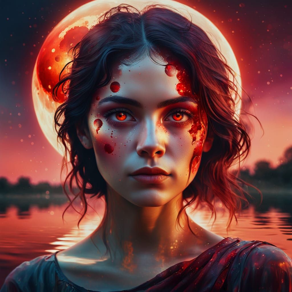 Vibrant Oil Painting Portrait with Glowing Eyes and Blood-Re...