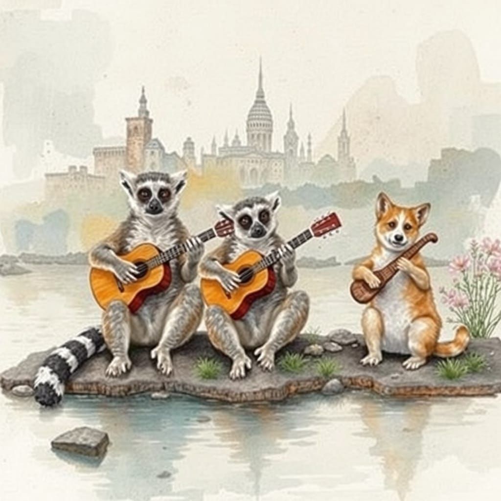 Lemurs Serenade Dogs in Watercolor River City
