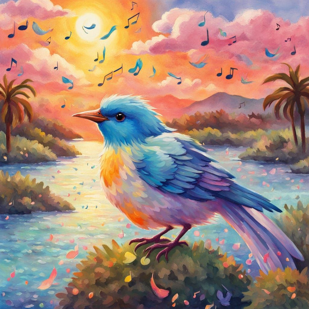 Opal Bird Singing at Sunrise in Gouache Watercolor