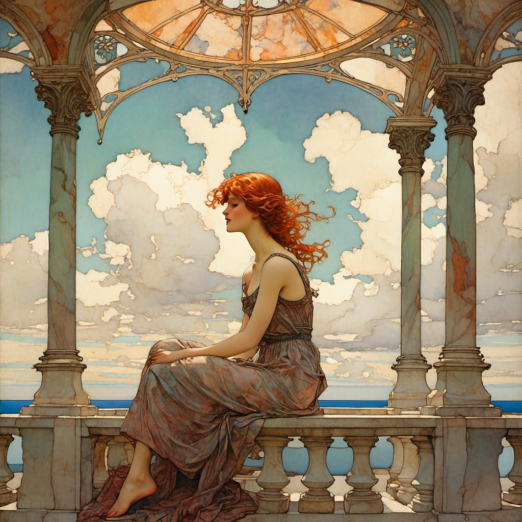 Art Nouveau Redhead Gazing at Clouds