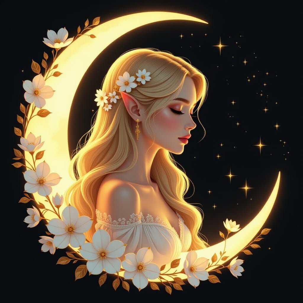 A luminous golden profile of a fairy with perfect facial fea...