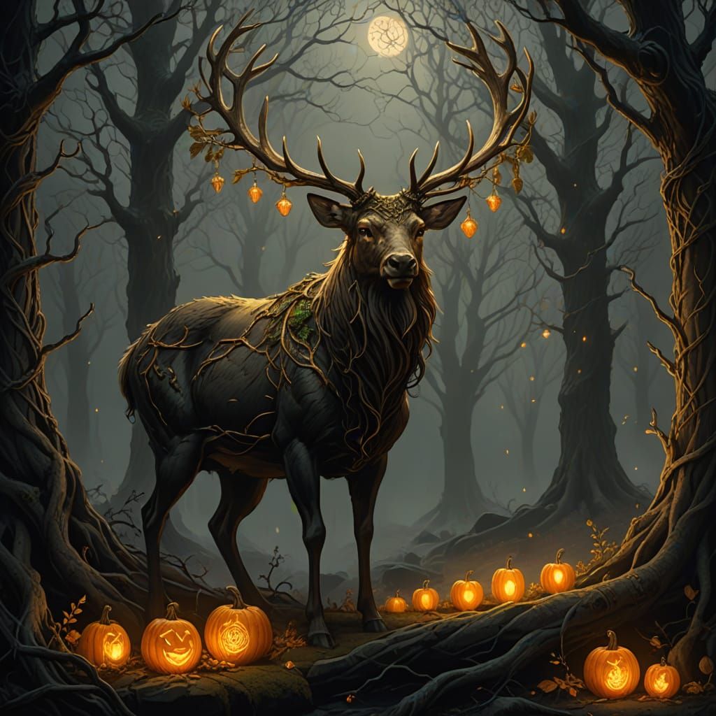 Mystical Stag Sentinel: Dark Fantasy Samhain Scene