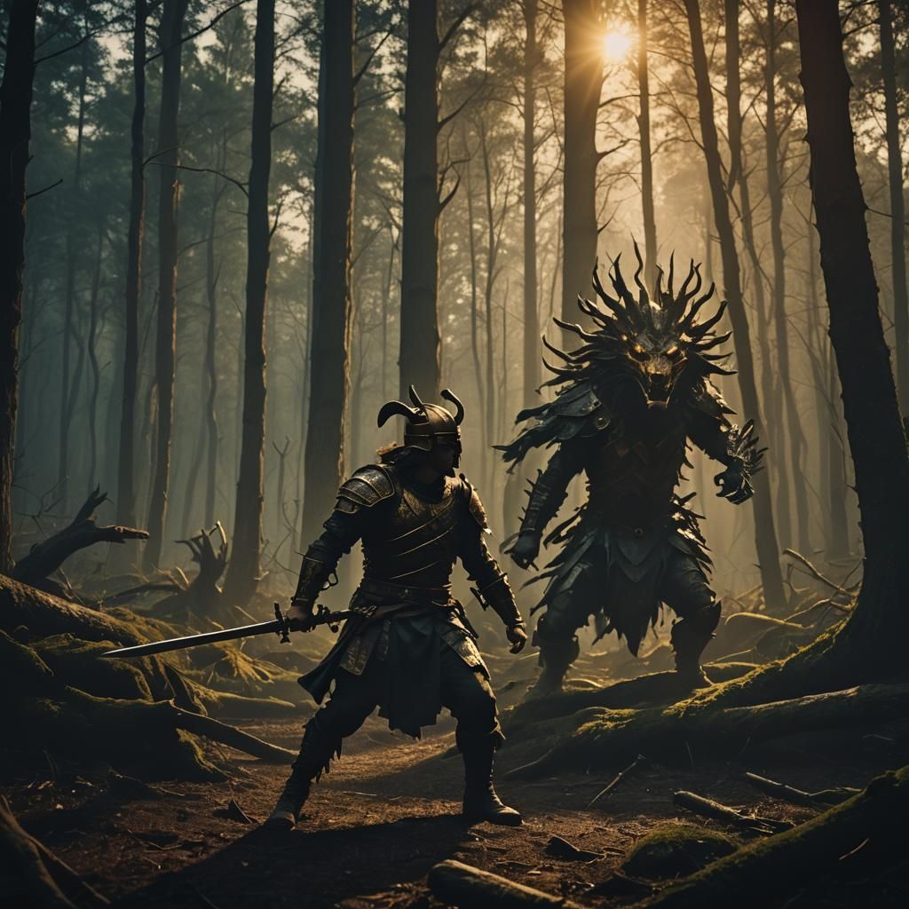Warrior in Mystical Forest, Film Noir Aesthetic