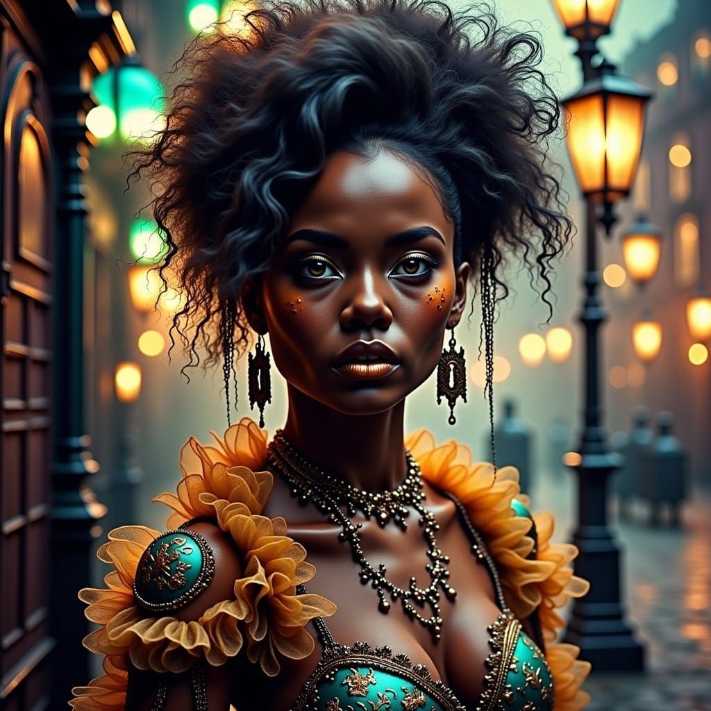 Stunning Woman in Ornate Dress with Neon Jewelry