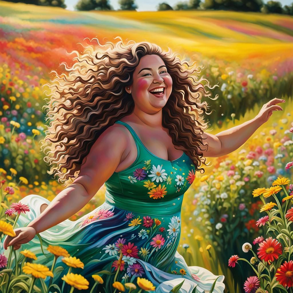 Plus-Size Woman Dancing in Flower Field: Graffiti Art