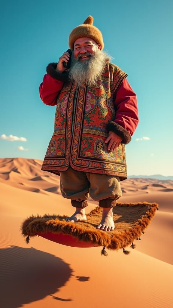 Happy Mongolian Man on Flying Carpet in Desert