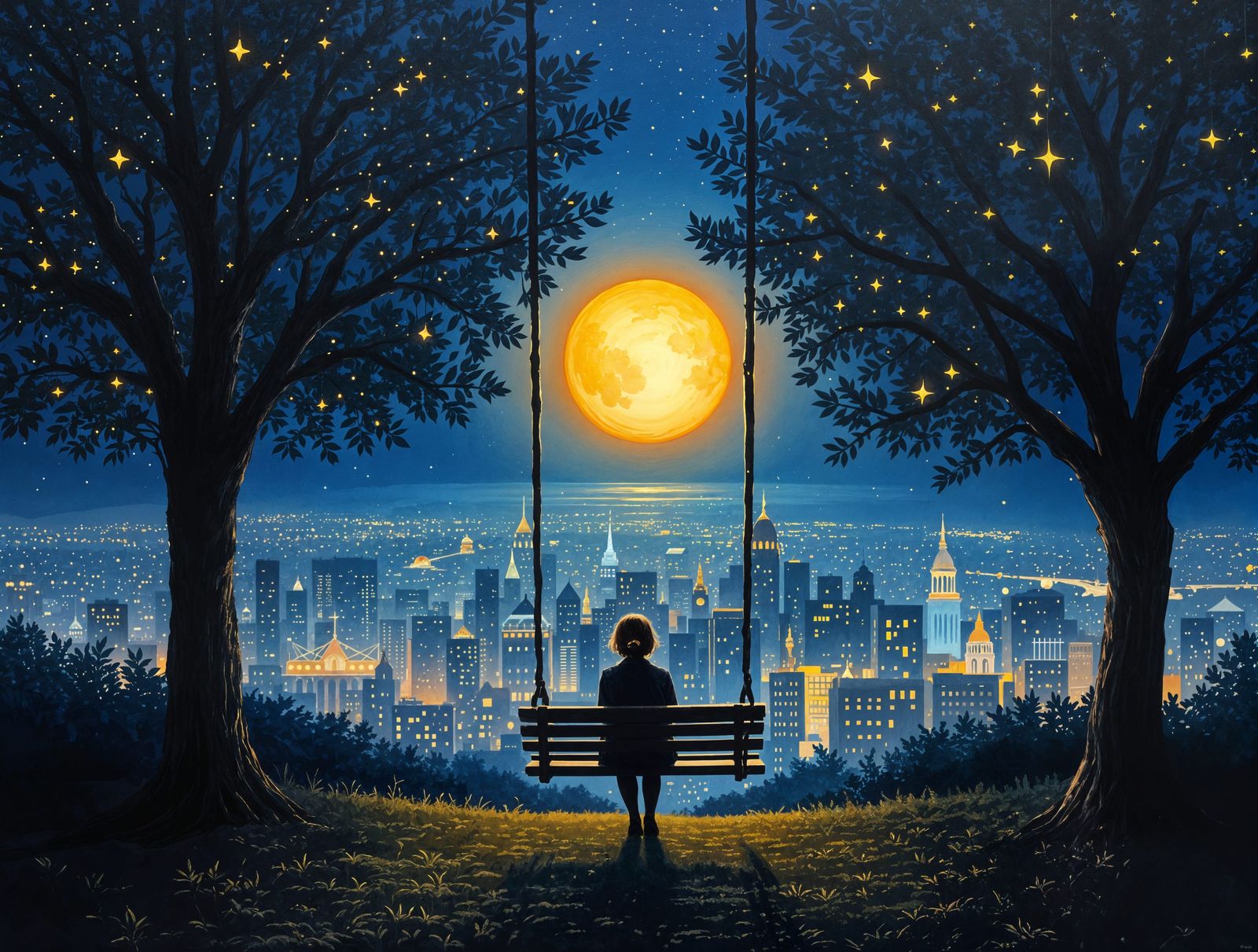 Dreamy City Nightscape with Tranquil Swing