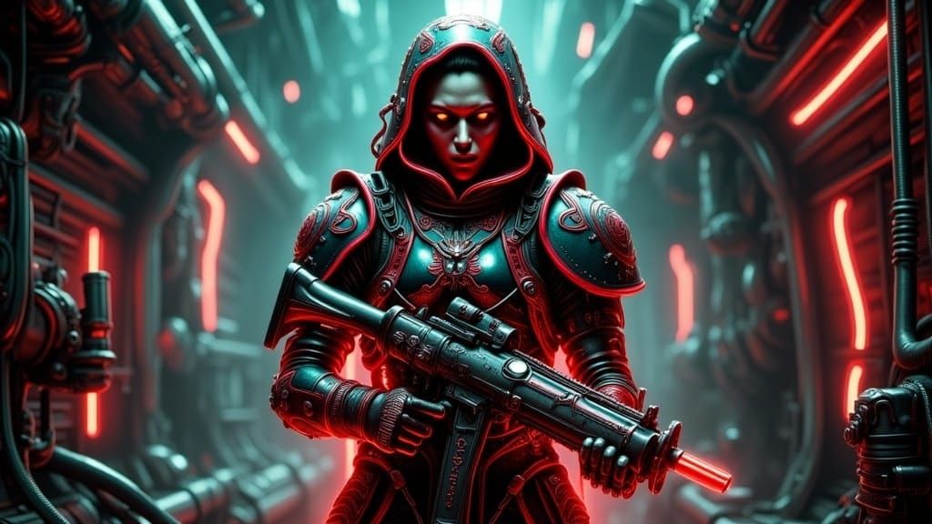 Cyborg Geisha Assassin in Post-Apocalyptic Neon Landscape