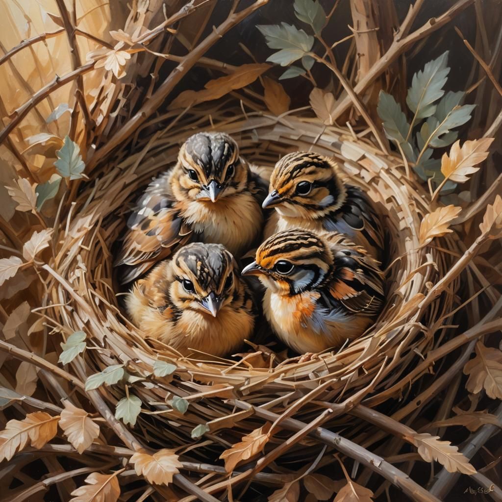 Baby Quail Nest: Impressionistic Oil Painting