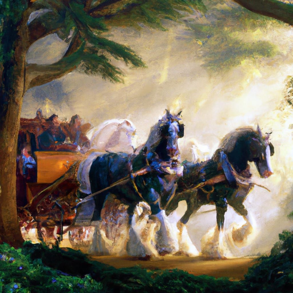 Noble Clydesdale pulling an 1800s carriage ethereal fantasy hyperdetailed mist Thomas Kinkade