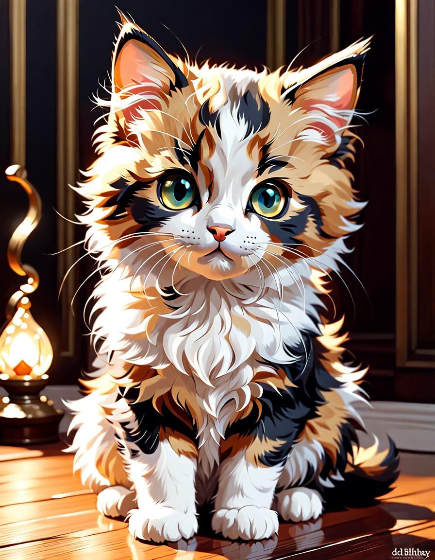 Adorable Fluffy Calico Kitten Portrait in Digital Painting S...