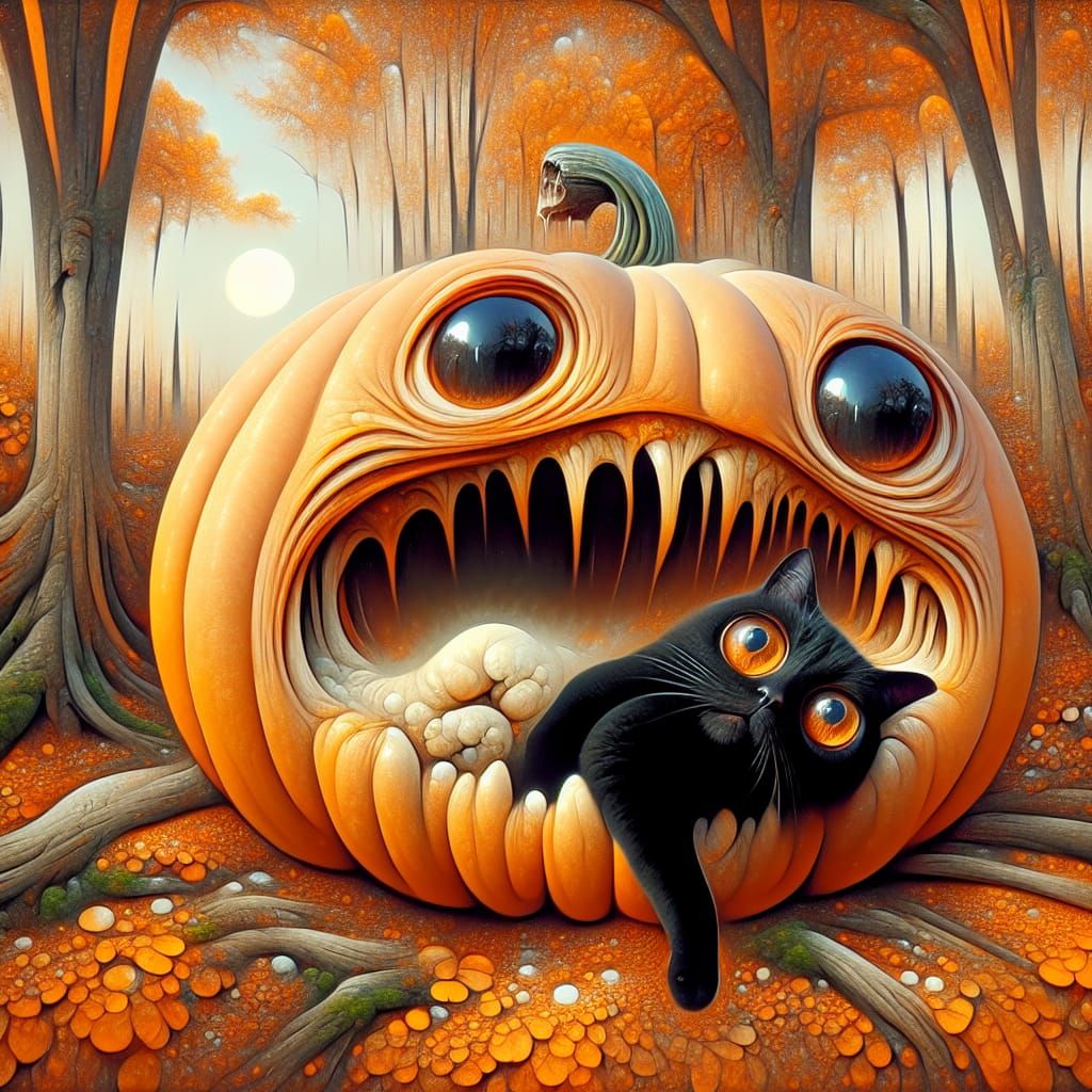 Surreal Autumn Pumpkin Cat in Dreamlike Setting