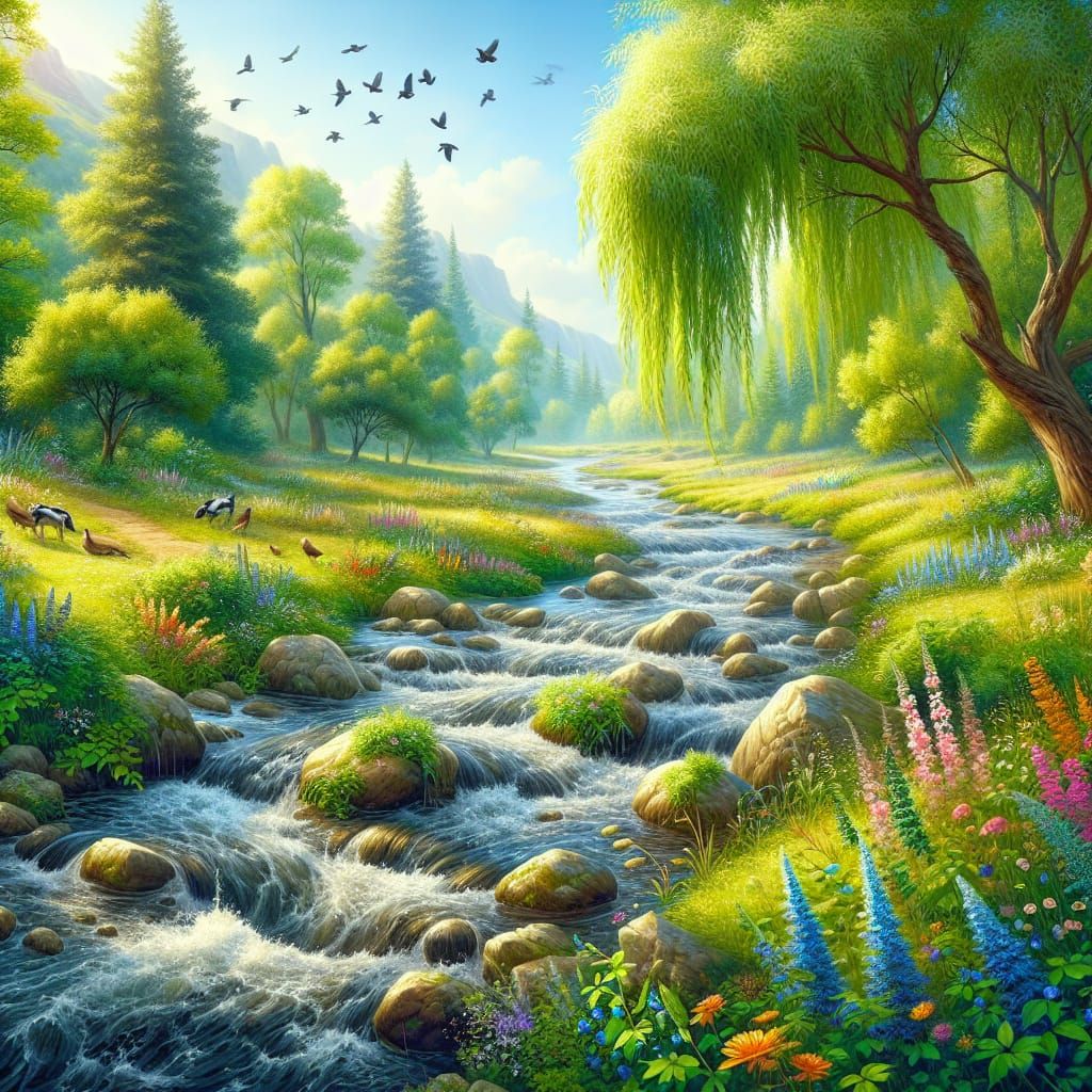 Summer Meadow Stream with Wildflowers and Wildlife