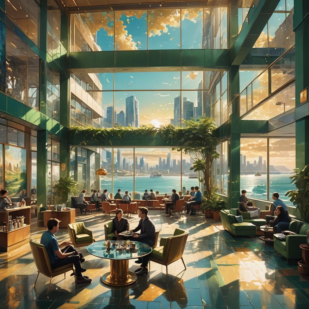Exhibition Hall Lobby with City View, Digital Painting