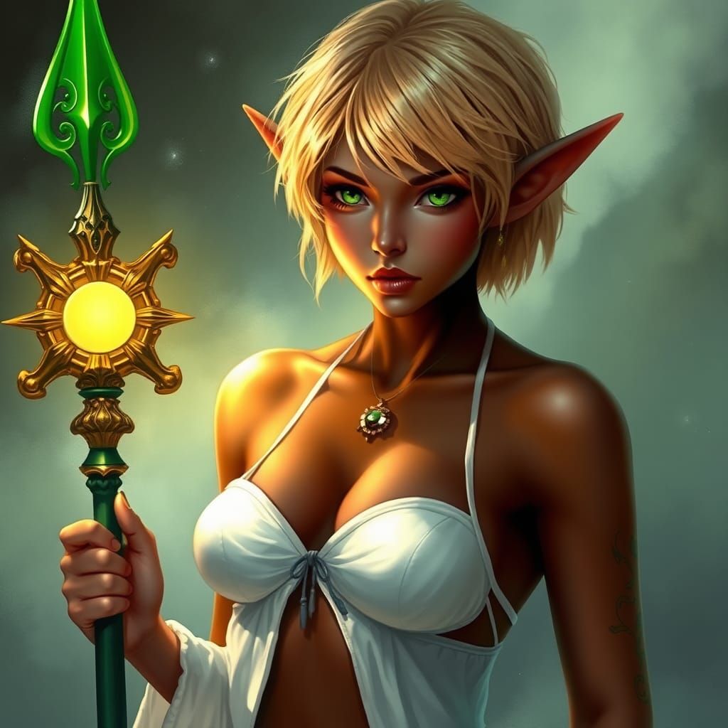 Ethereal Elf Woman with Sun Staff
