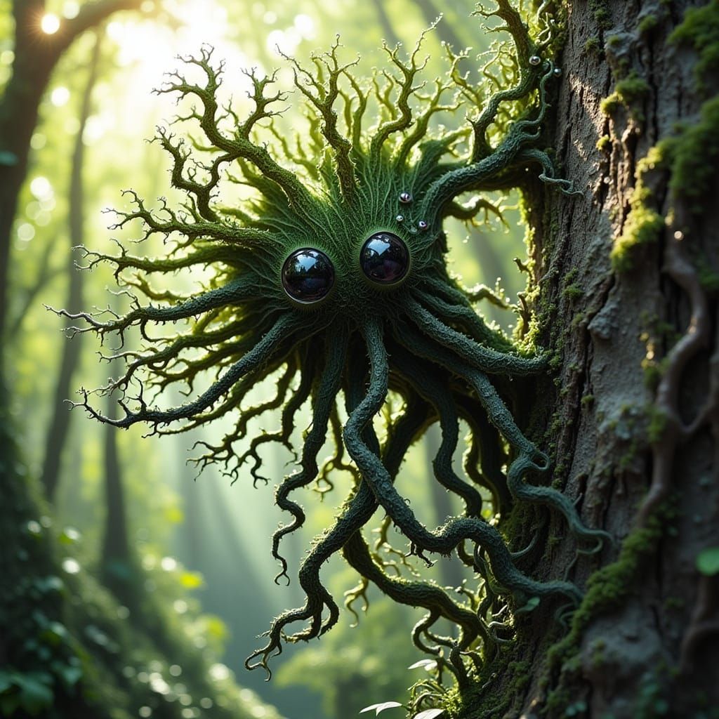 Mystical Tree Creature Climbing Cliffside in Forest