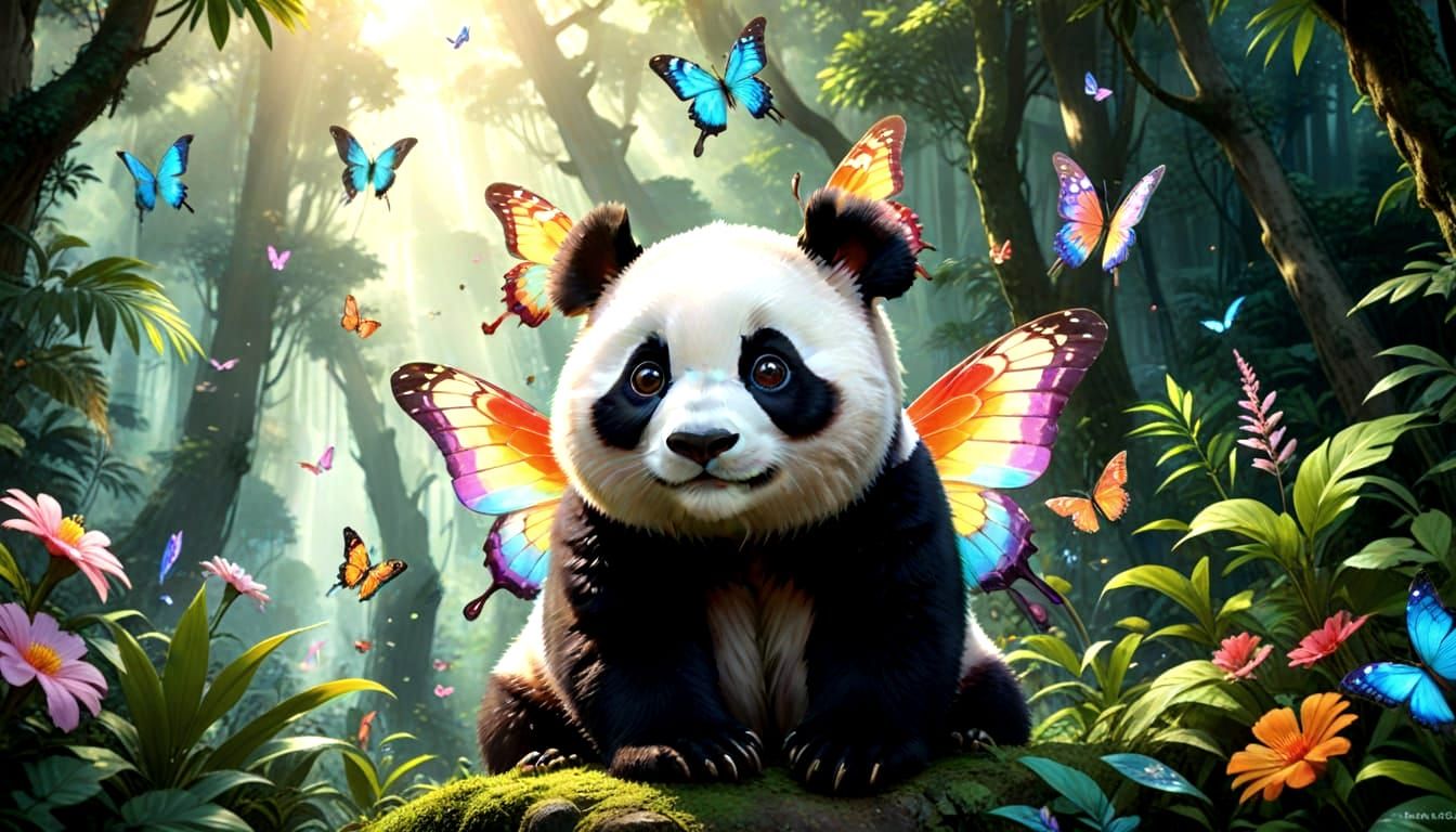 Surreal Cartoon Panda Butterfly Hybrid Soars in Rainforest