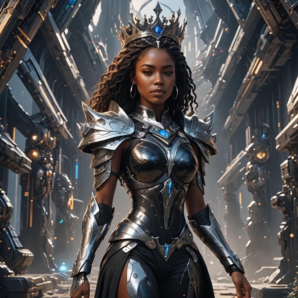 Black women, Futuristic, celestial, warrior, princess, shiny silver crown, fitting position, full body, side camera ang...