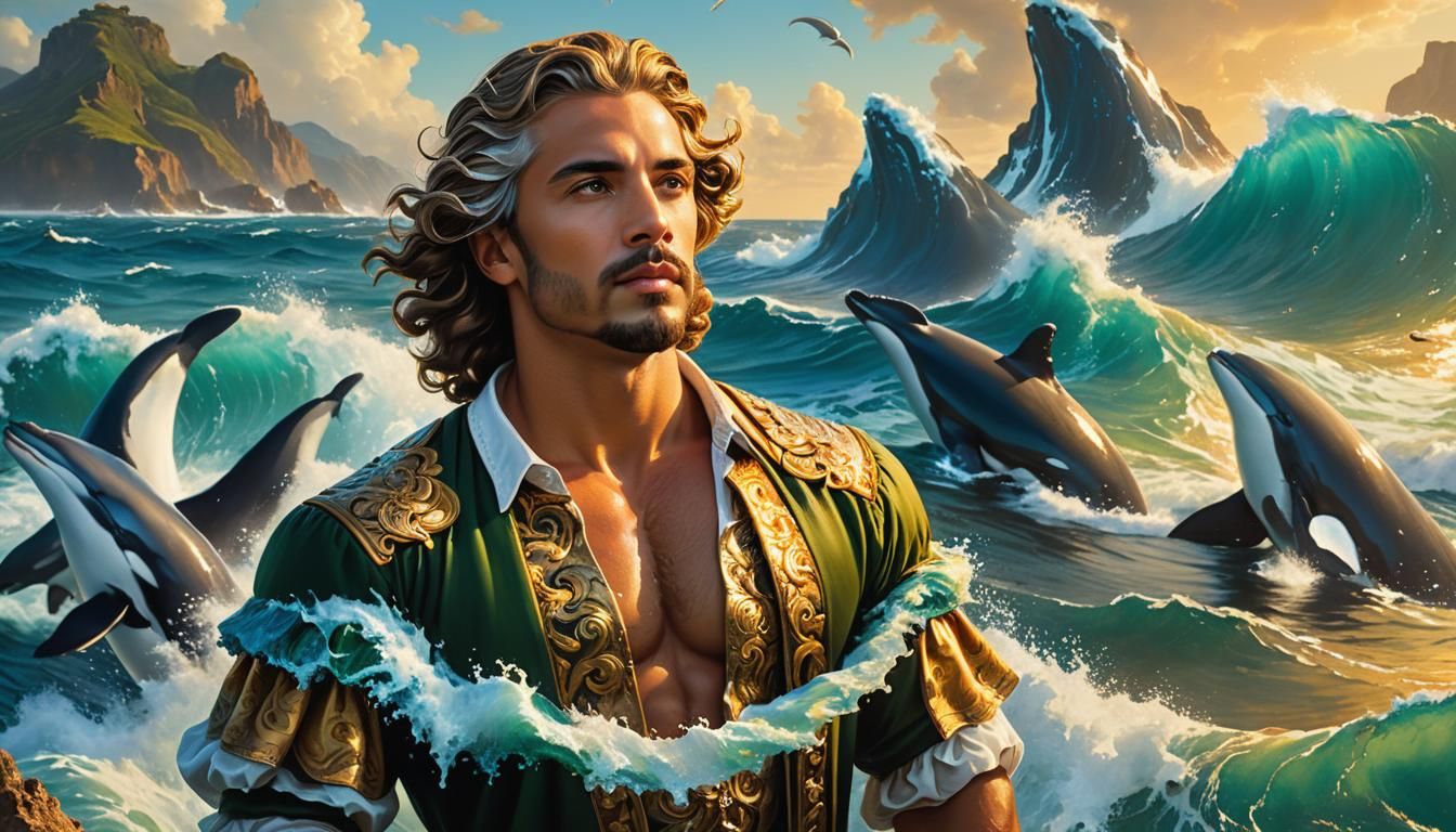 Neptune Among Whales and Mermaids: Baroque Oil Painting