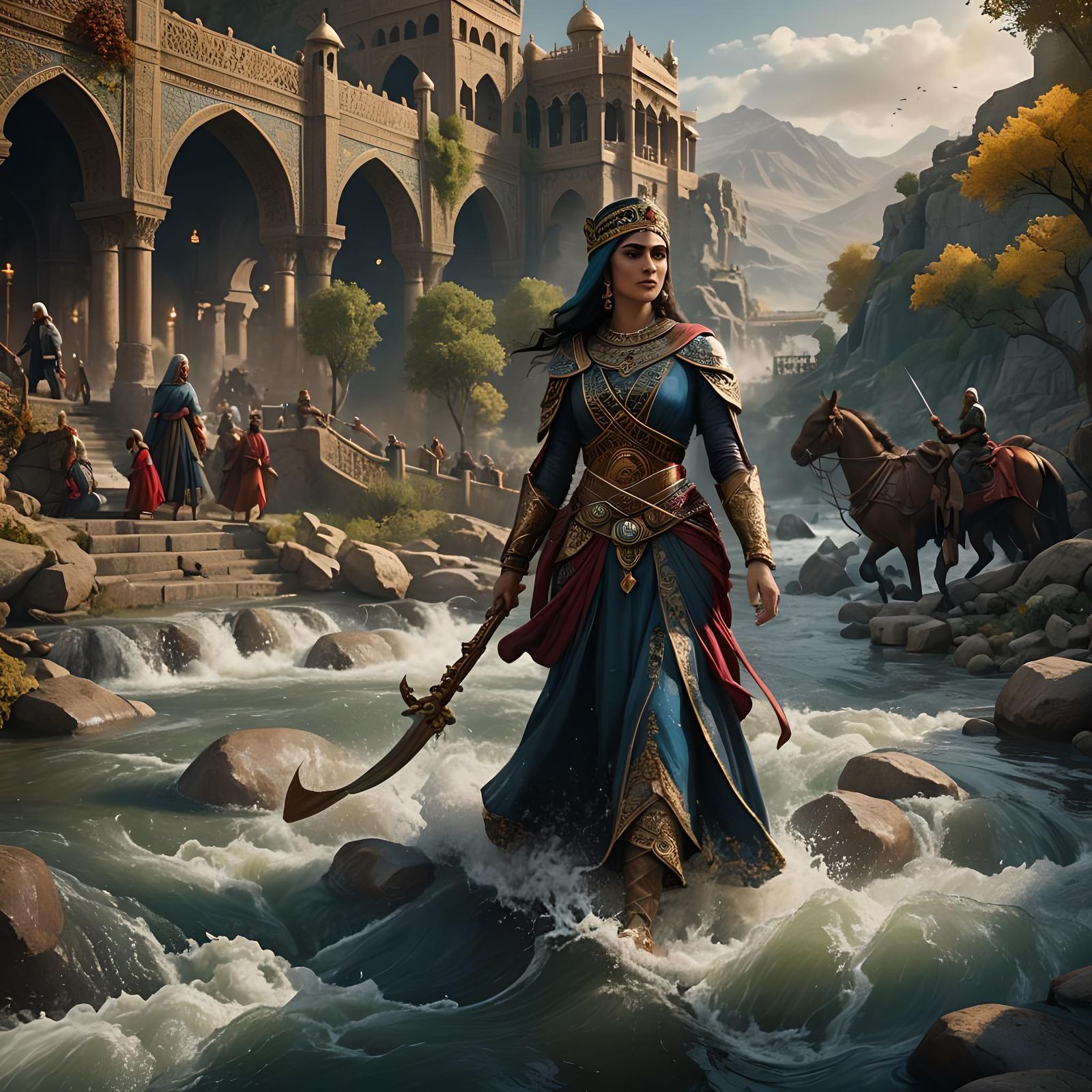 Persian Queen Crossing River: Detailed Matte Painting