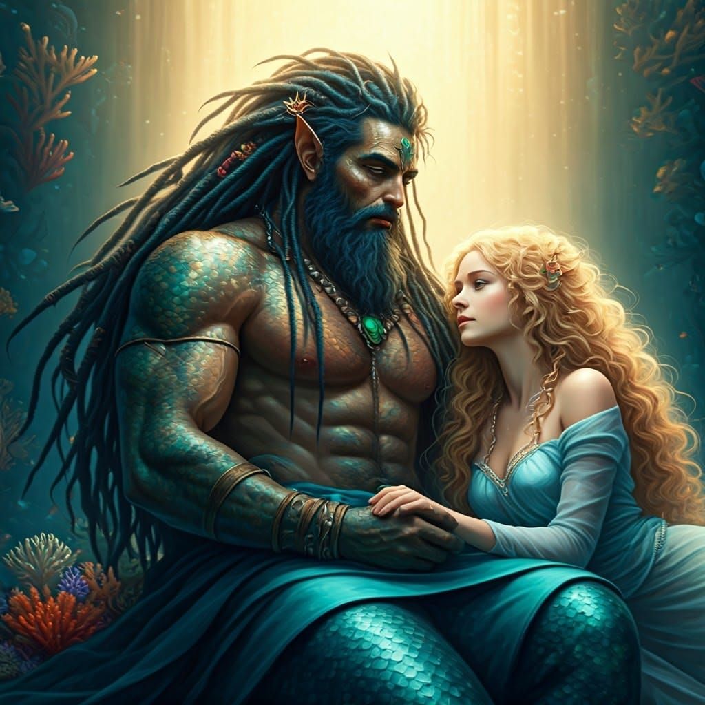 Majestic Sea King and Mermaid in Luminous Coral Atoll