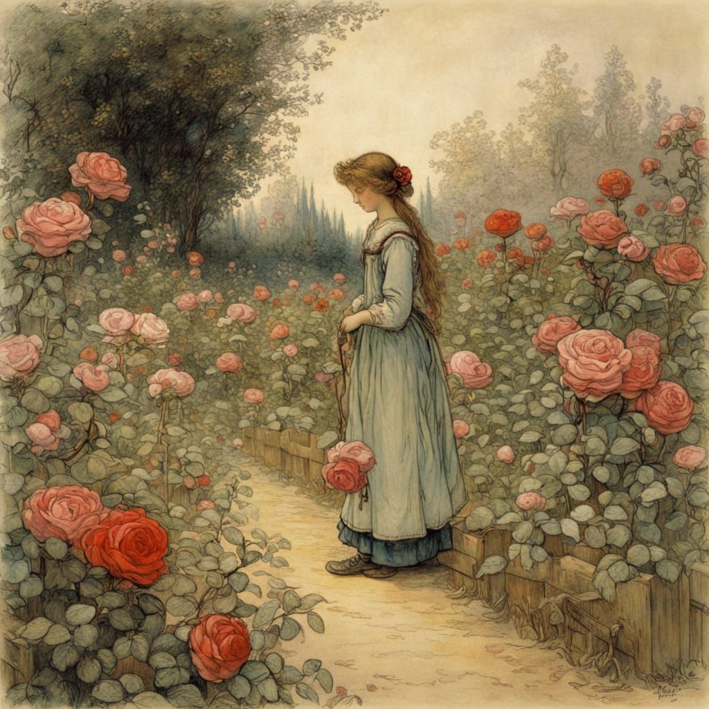 Enchanting Rose Garden Scene in Whimsical Fairytale Style