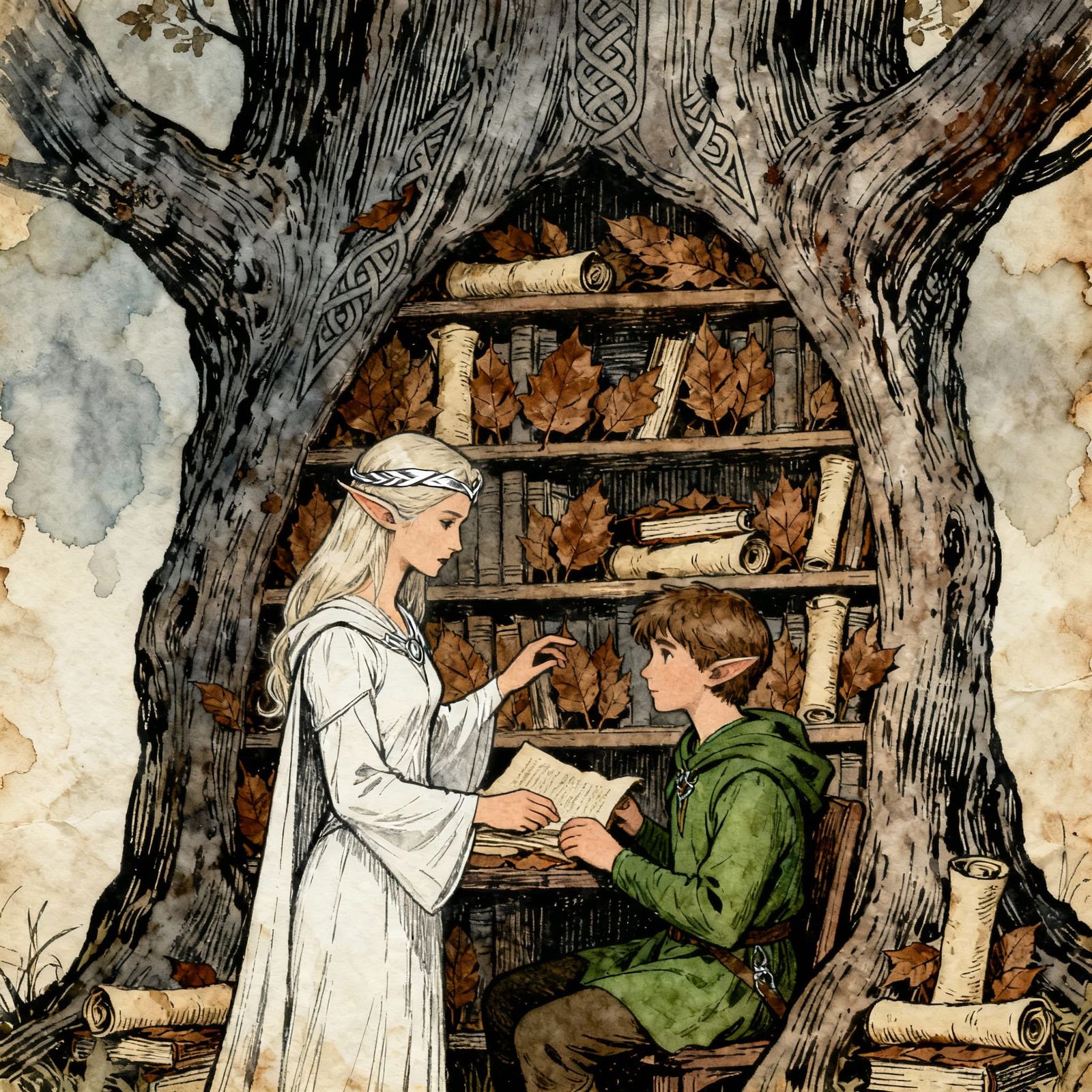 Elf Wizard Teaches Magic in Enchanted Oak Library