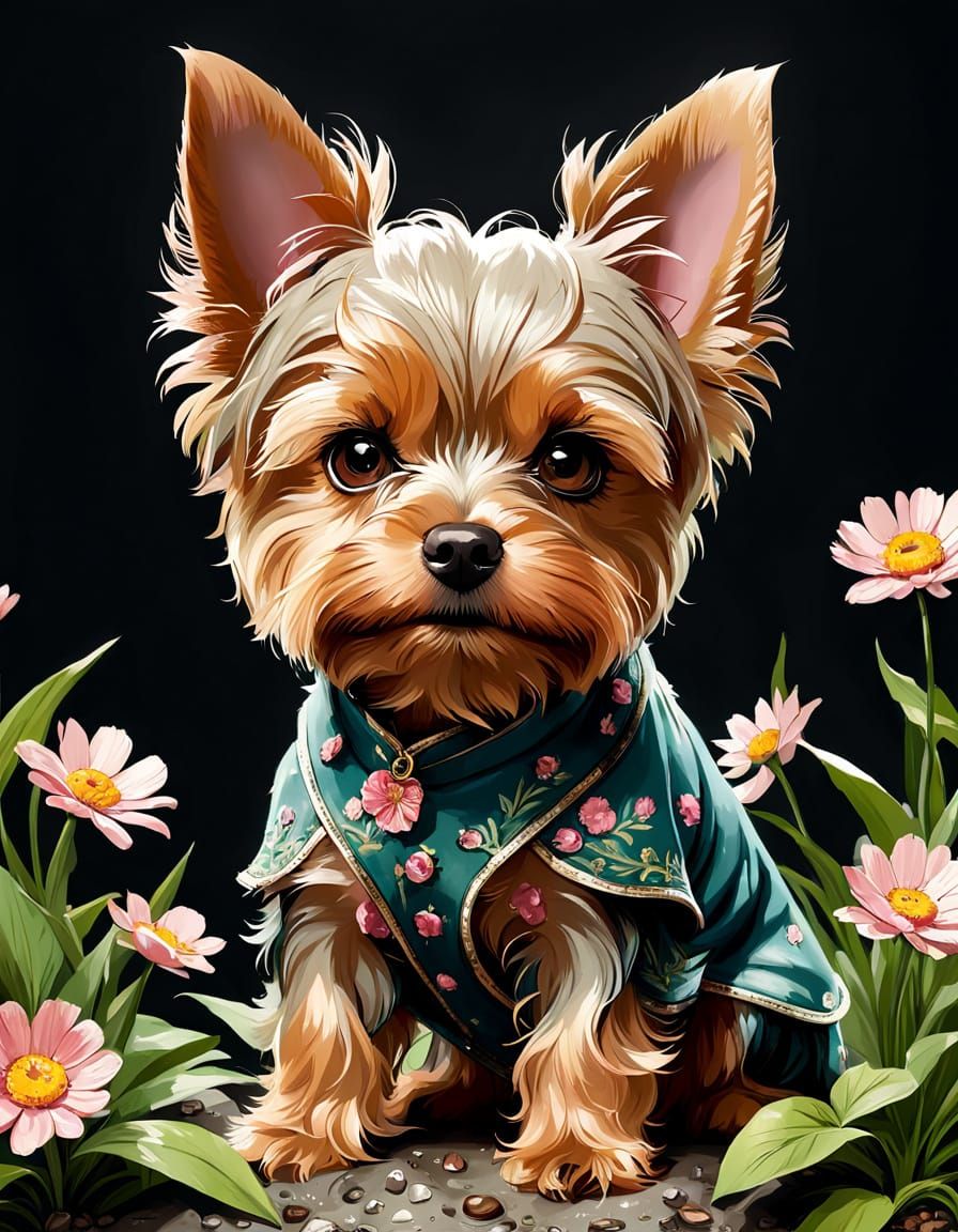 Whimsical Yorkshire Terrier in Vibrant Floral Attire