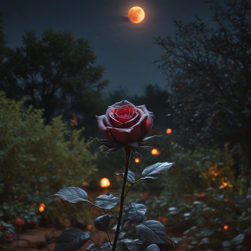 Giant Black Rose Burns Under Blood Moon in Magical Garden
