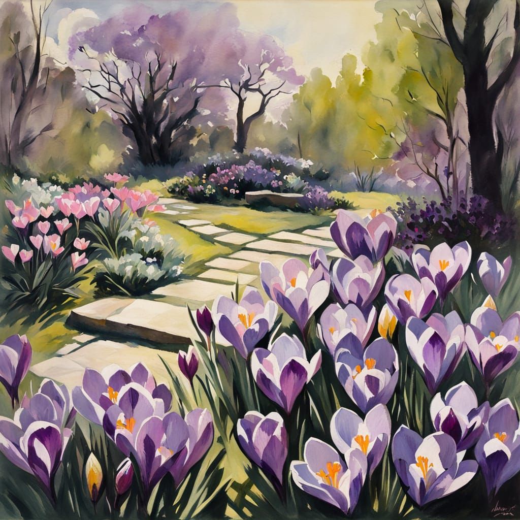 Crocuses in Spring Garden, Modern Acrylic Art