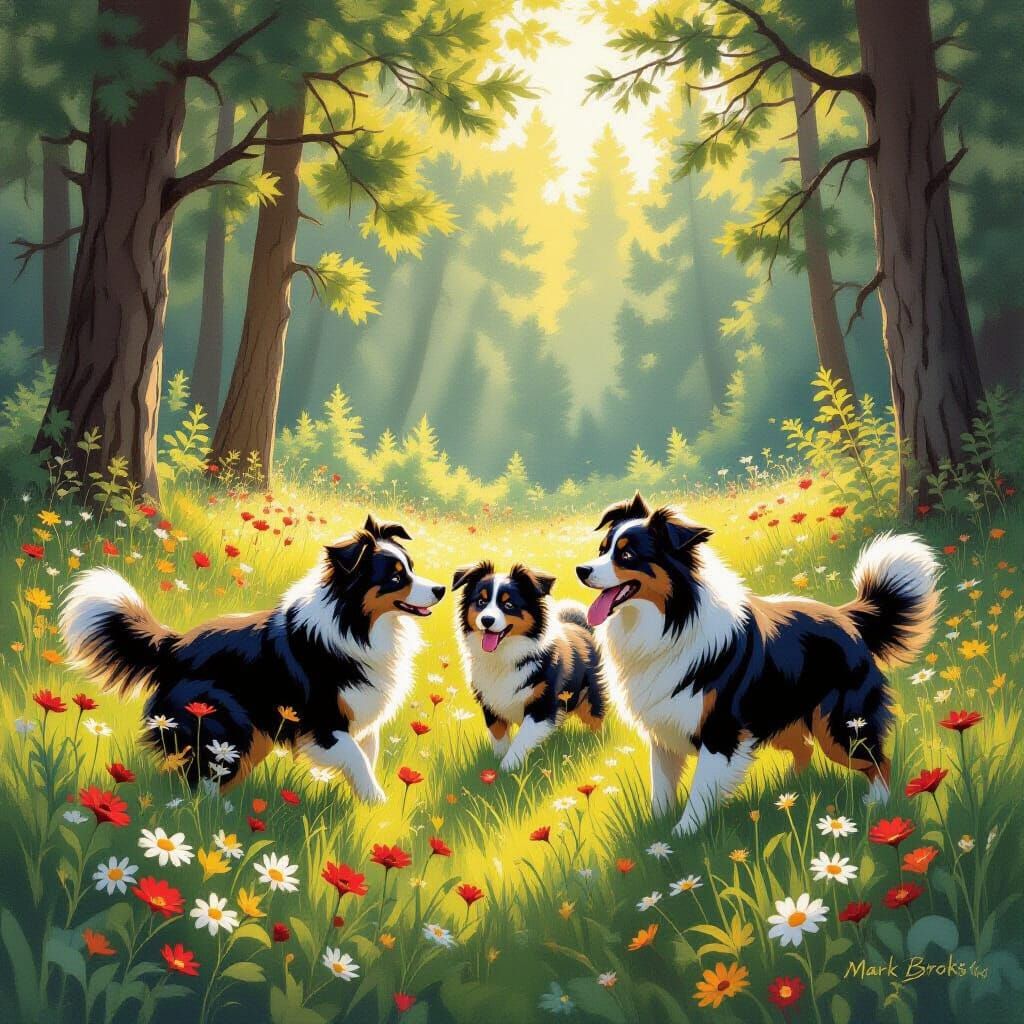 Border Collies Frolic in Sunlit Forest Glade