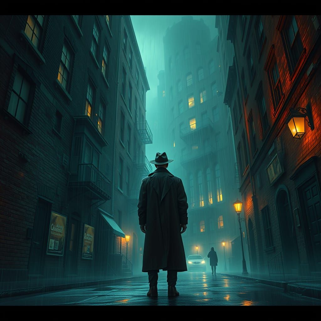 Gritty Noir Detective in a Rain-Soaked Alley