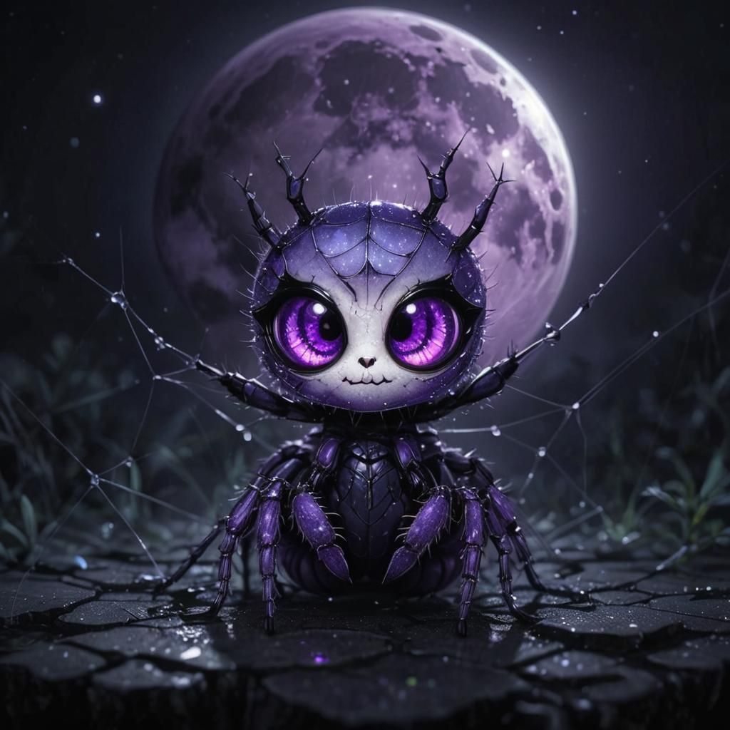 Adorable Chibi Spider on Web with Full Moon