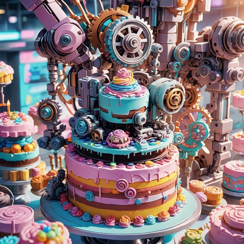 Futuristic Anime Machine Builds Iridescent Cake