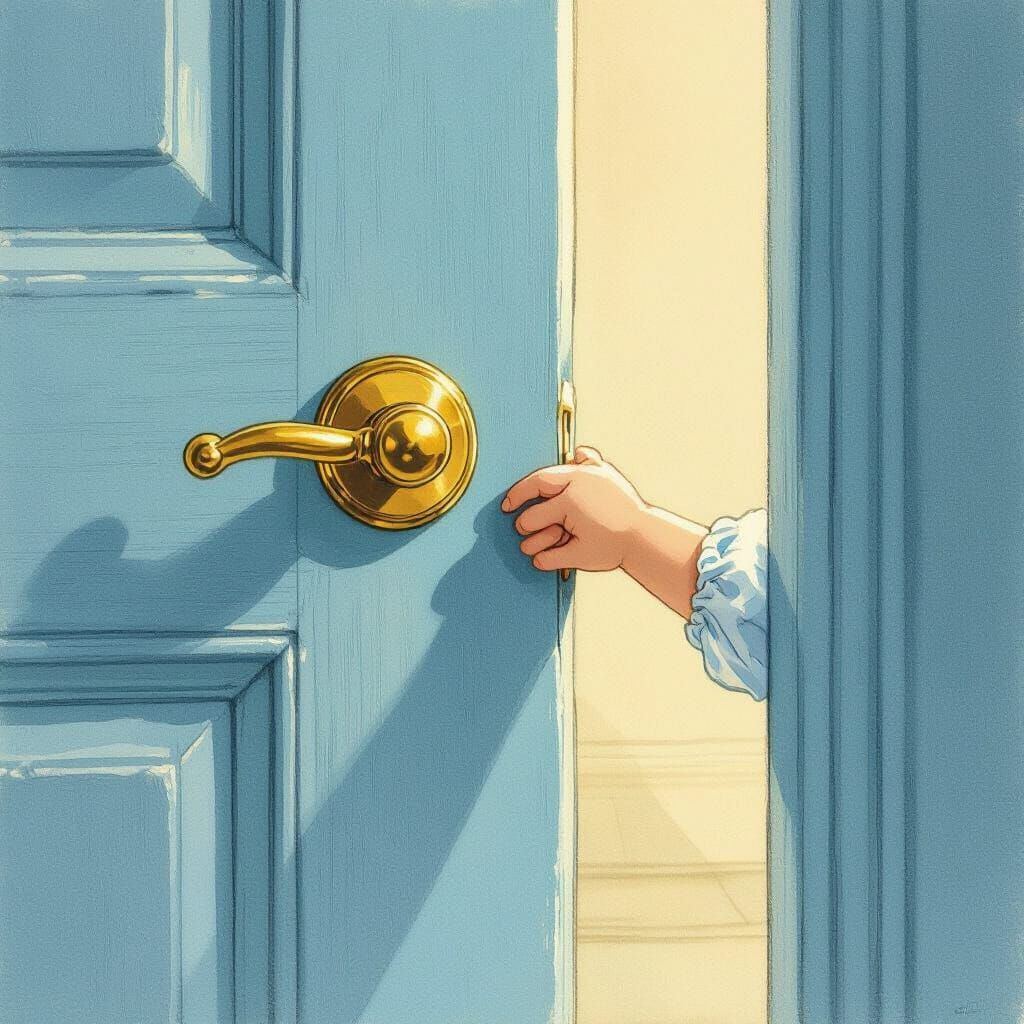 Child's Hand Opens Ornate Blue Door to Warm Light