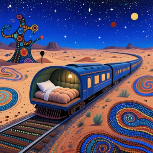 Surreal Dreamlike Train in Aboriginal Dot Art Style