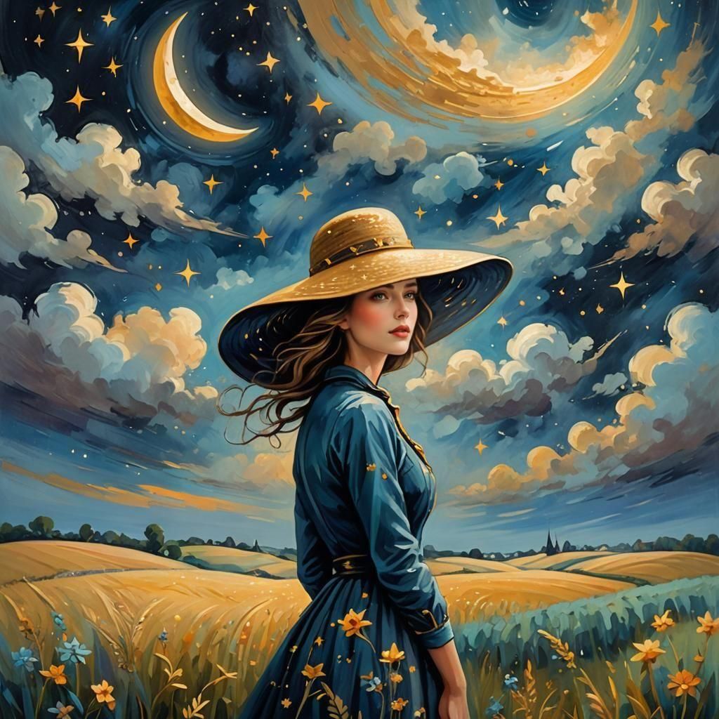 Starry Night in Naive Art Style