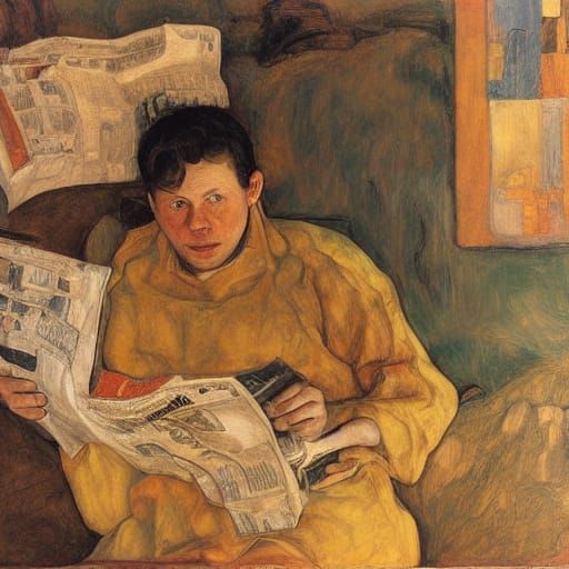 Noah Reads Newspapers in Cozy Ark, Expressionist Style