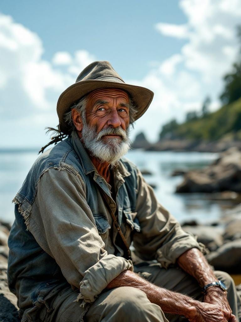 Serene Old Fisherman Portrait in Digital Art Style