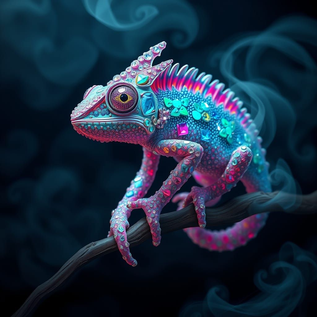 Regal Chameleon in Iridescent Bling, Set Amidst a Swirling E...